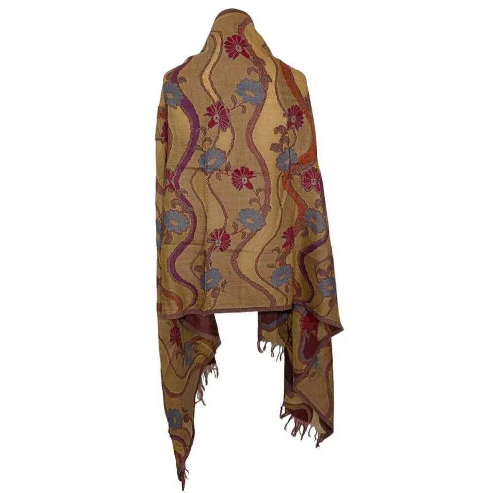 100% Pure New Wool Floral Scarf Beige Fringe Boho Rectangle Lightweight